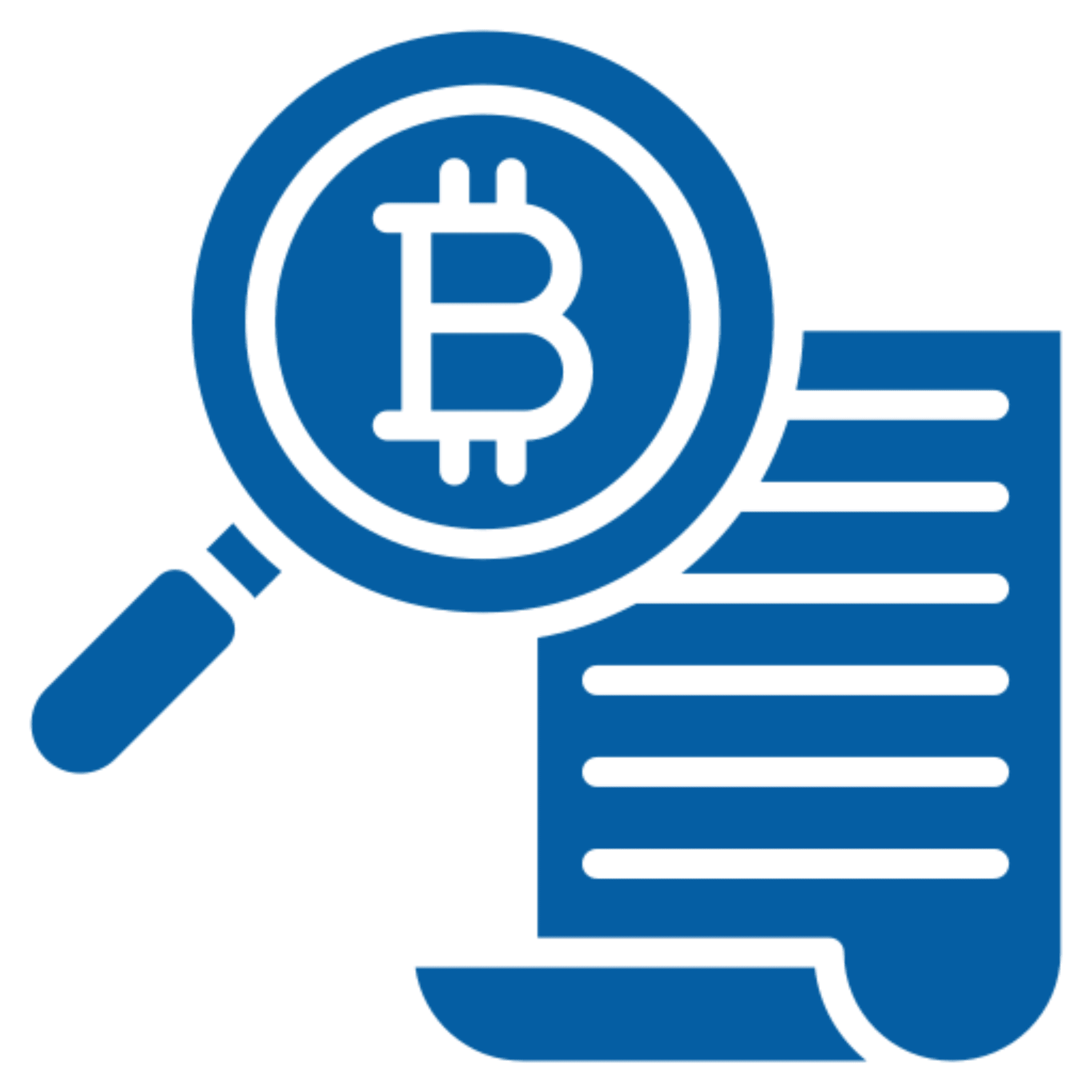 Magnifying glass over Bitcoin symbol and document.