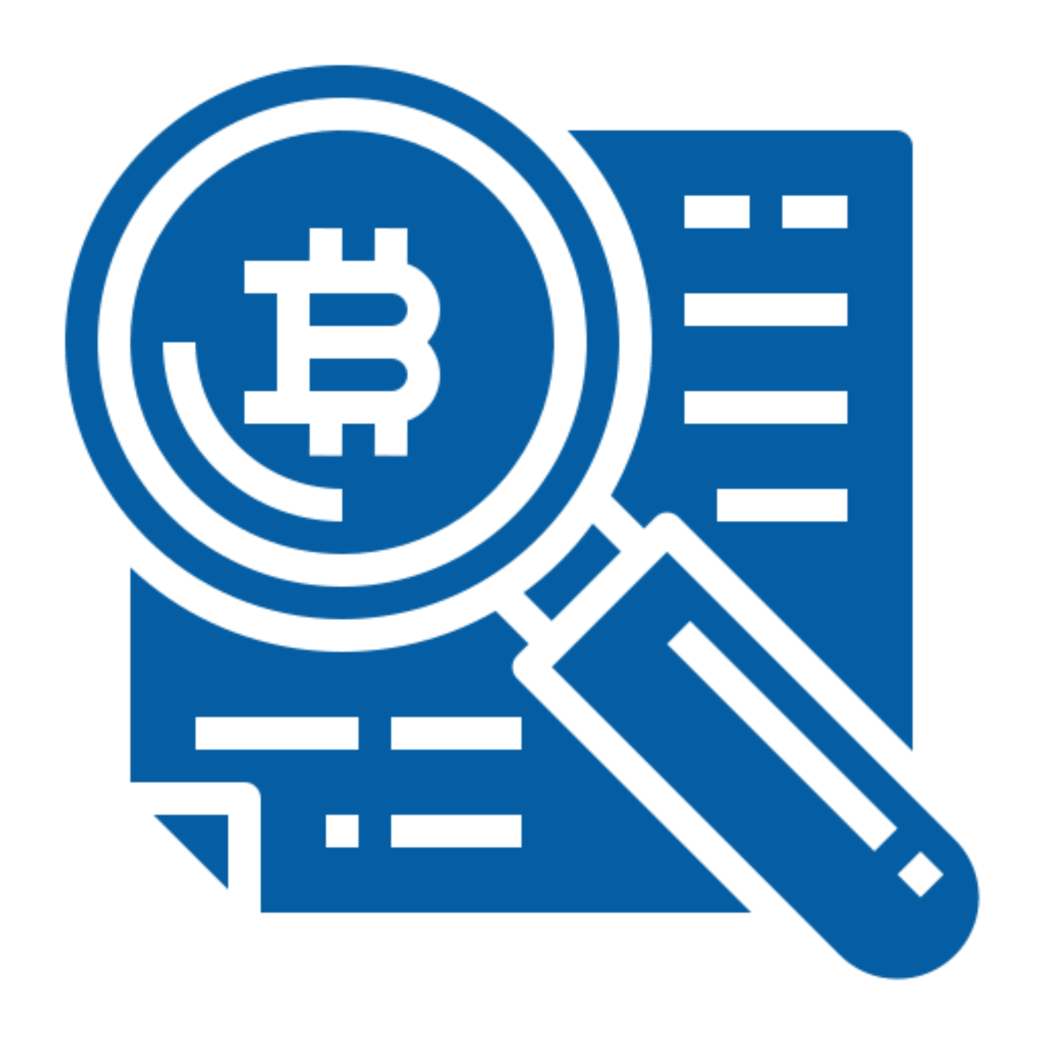 Magnifying glass with Bitcoin symbol over document.