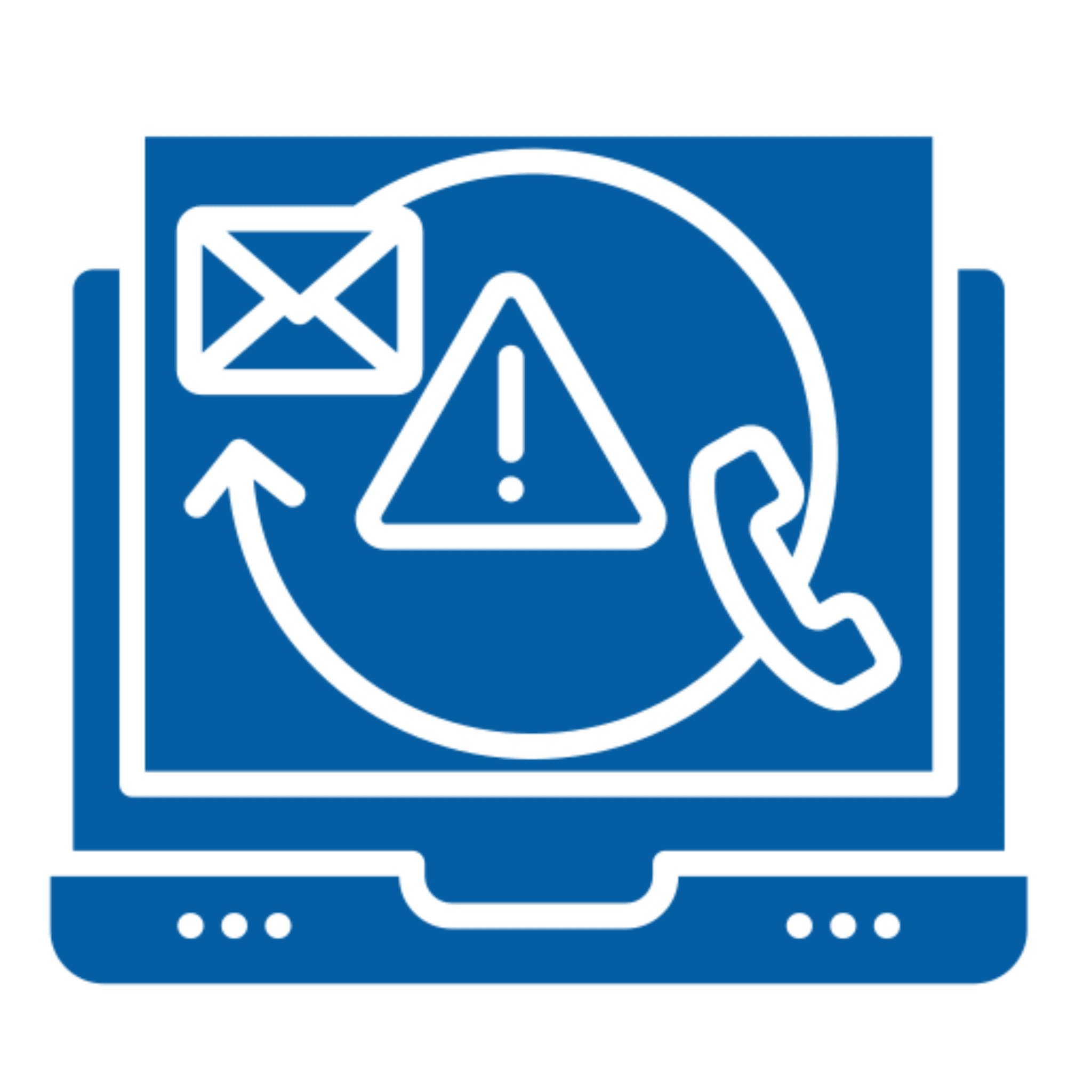 Computer alert icons: email, warning, phone.