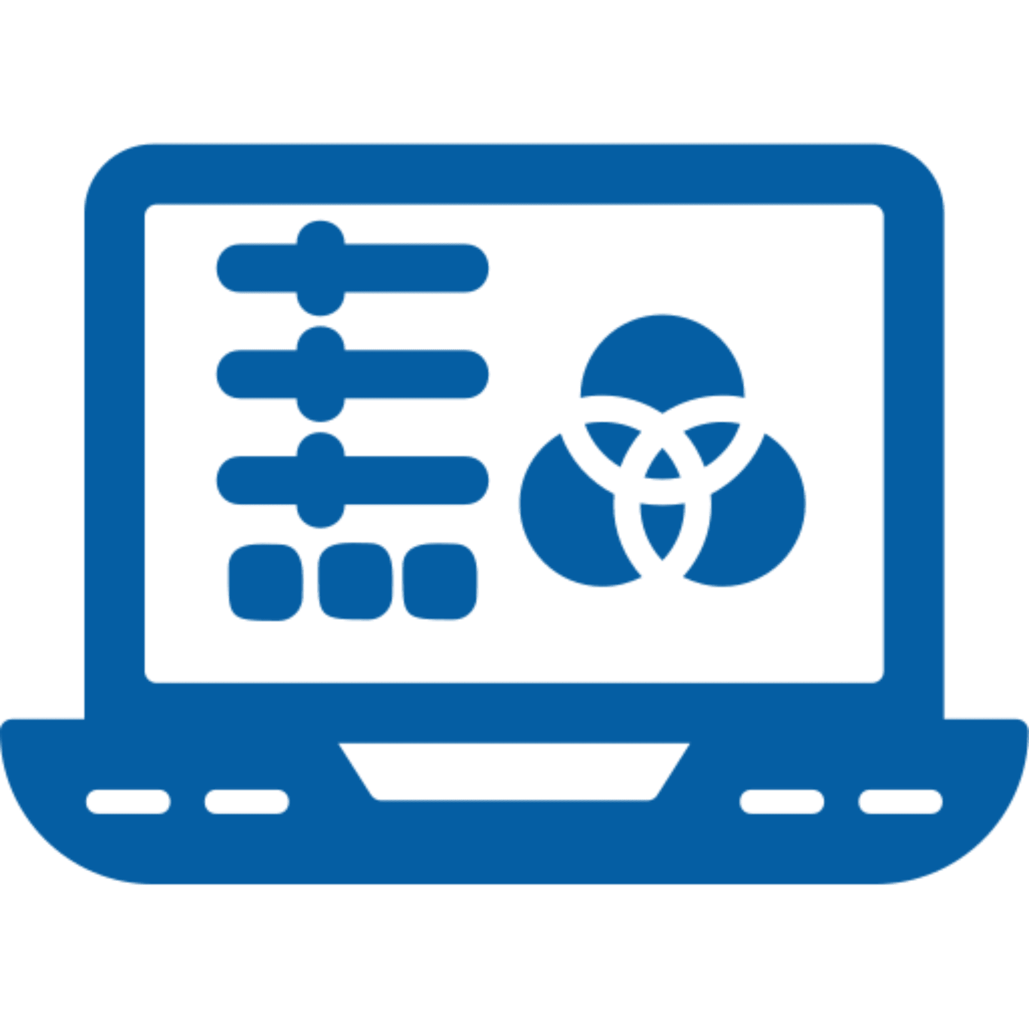 Blue icon of laptop with controls and shapes.