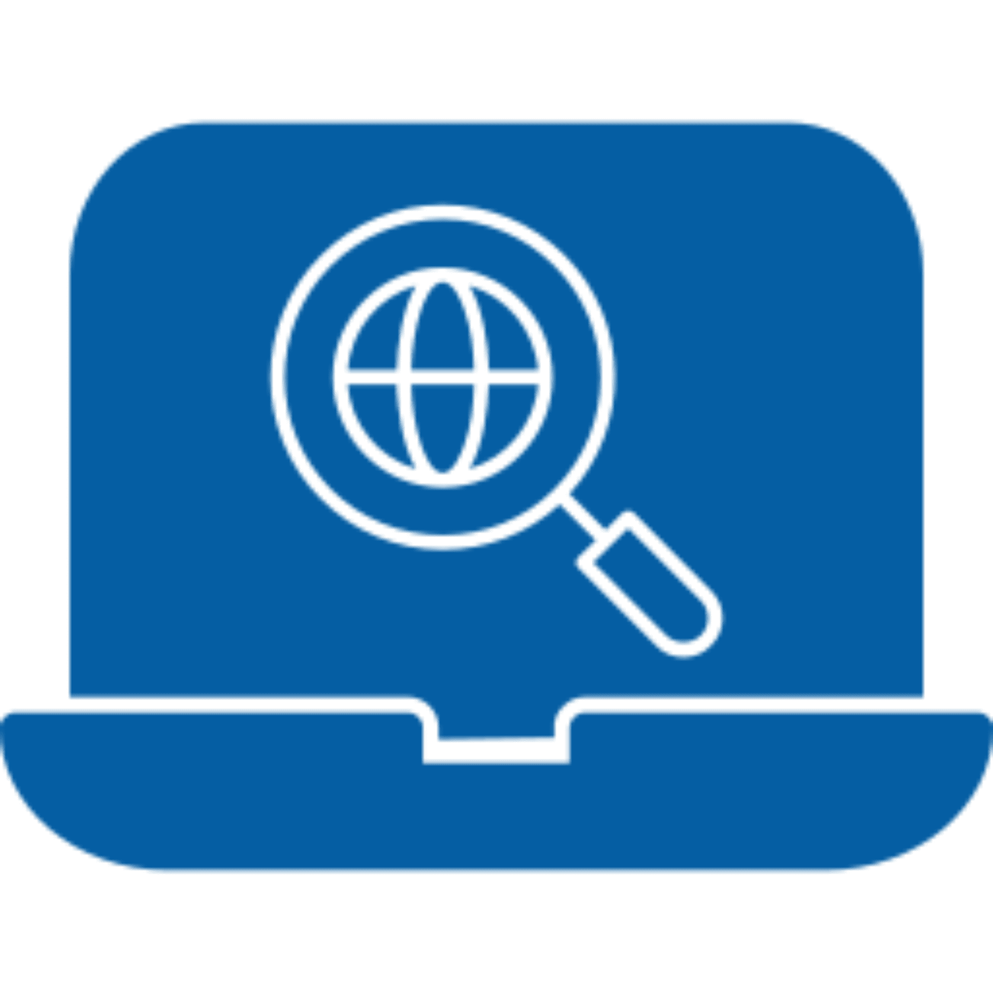 Laptop with magnifying glass and globe icon.