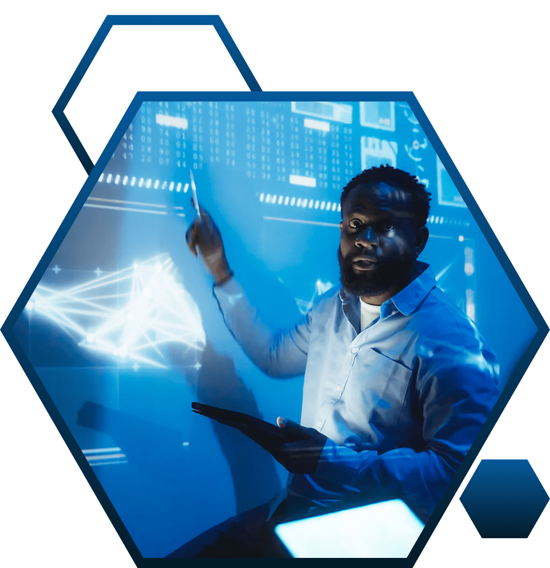 Person interacting with futuristic digital interface screen.