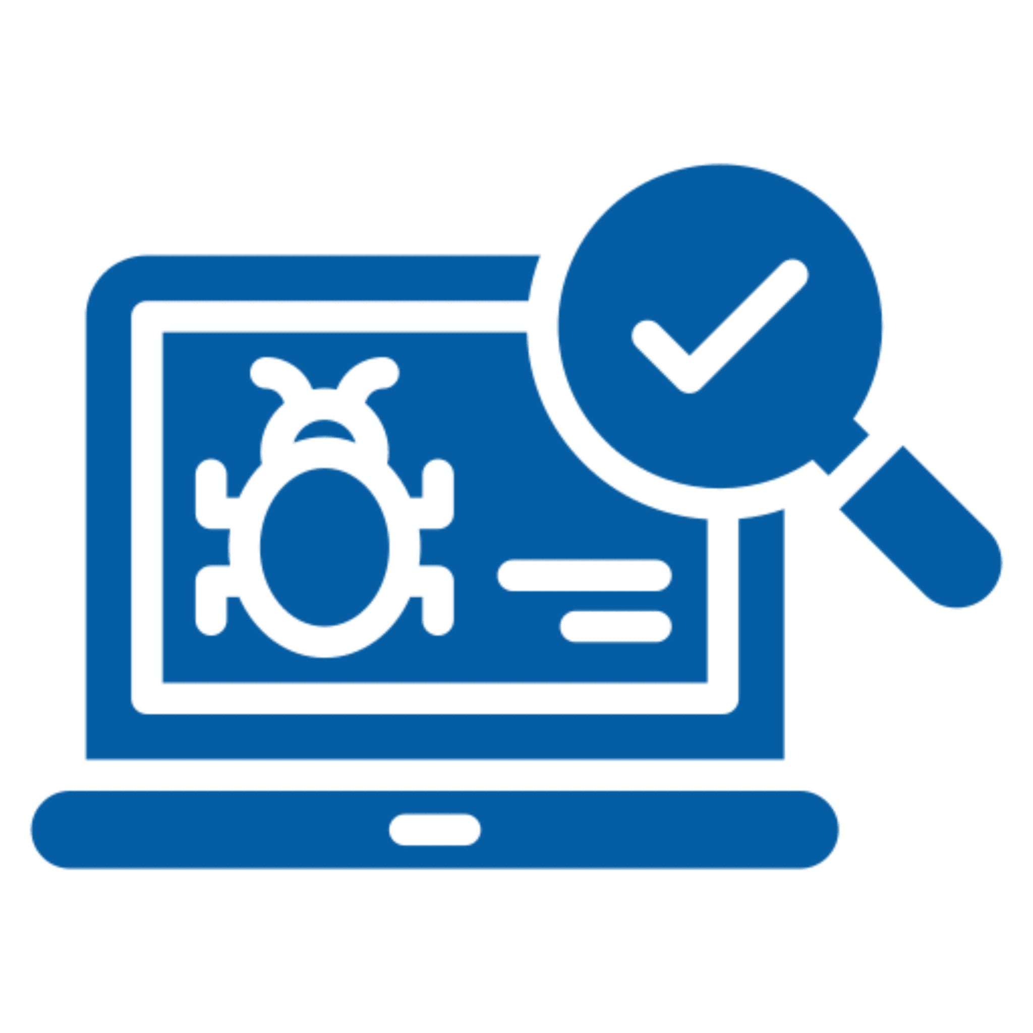 Laptop with bug and magnifying glass icon.